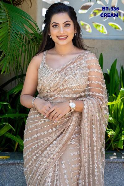 D.NO. BT-356 CREAM BY BT BUTTERFLY NET SAREE MANUFACTURER IN INDIA 